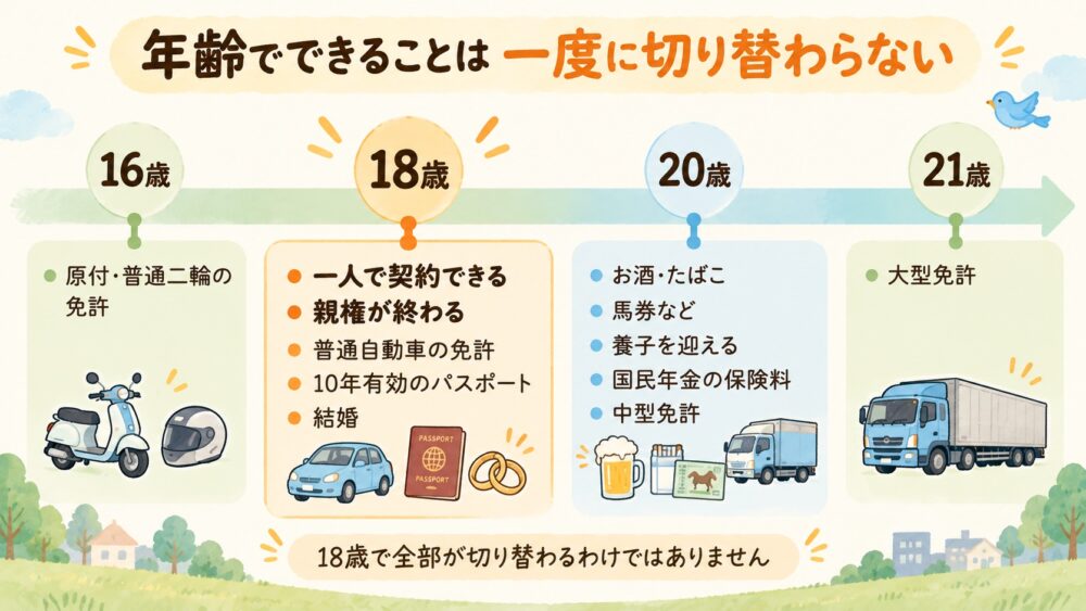 年齢でできることが一度に切り替わらないことを示した年表の図。16歳は原付・普通二輪の免許。18歳は一人で契約できる、親権が終わる、普通自動車の免許、10年有効のパスポート、結婚。20歳はお酒・たばこ、馬券など、養子を迎える、国民年金の保険料、中型免許。21歳は大型免許。下に「18歳で全部が切り替わるわけではありません」とある