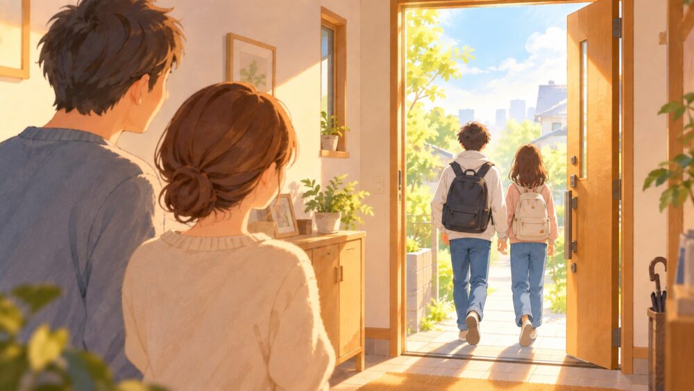 朝の光が差し込む玄関で、出かけていく若者の後ろ姿を、家の中から親が少し離れて見送っている。親は手を伸ばさず、ただ見ている