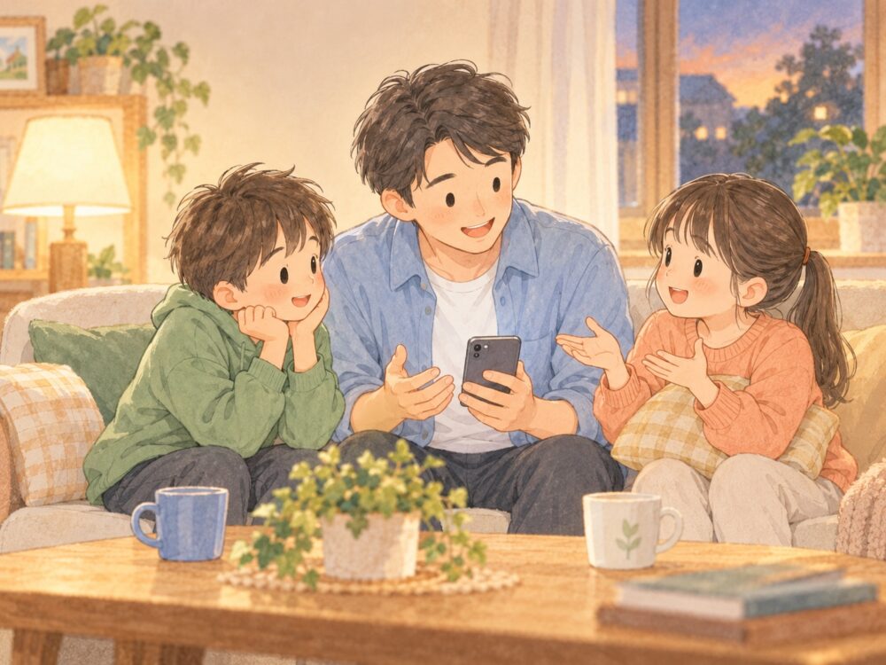 夕方のリビングのソファで、スマートフォンを持った父親と子ども2人が笑顔で話している場面