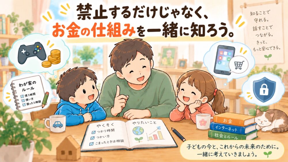食卓で父親と子ども2人が、やくそくを書いたノートを開いて笑顔で話している場面。「禁止するだけじゃなく、お金の仕組みを一緒に知ろう」という言葉が添えられている