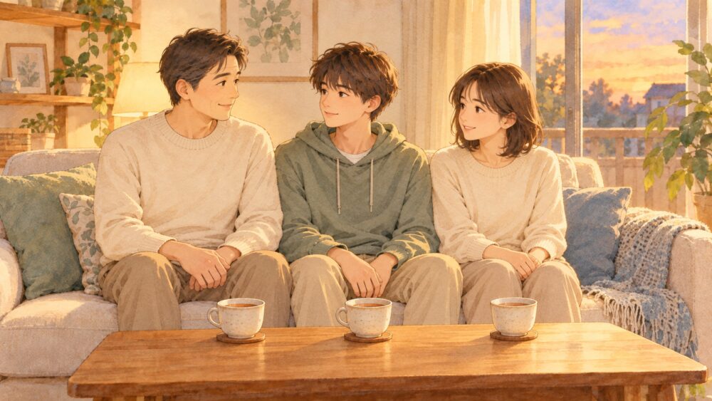 夕方のリビングで、親2人と高校生くらいの子どもが、ソファに横に並んで座って話している。テーブルにはお茶が3つ置かれている。叱っている様子はなく、ふだんどおりのおだやかな時間