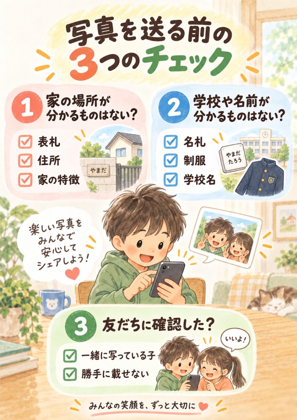写真を送る前に確認したい3つのこと。1つ目は家の場所が分かるもの(表札、住所、家の特徴)が写っていないか。2つ目は学校や名前が分かるもの(名札、制服、学校名)がないか。3つ目は一緒に写っている友だちに確認したか