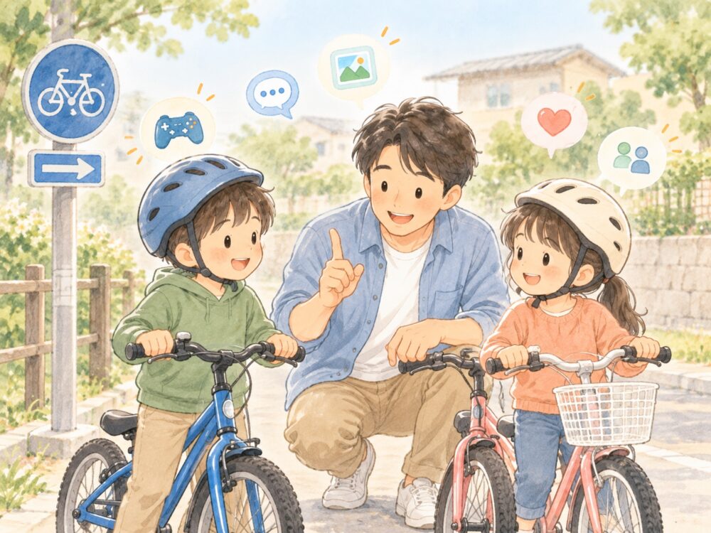 自転車にまたがった子ども2人に、父親が指を立てて交通ルールを説明している場面