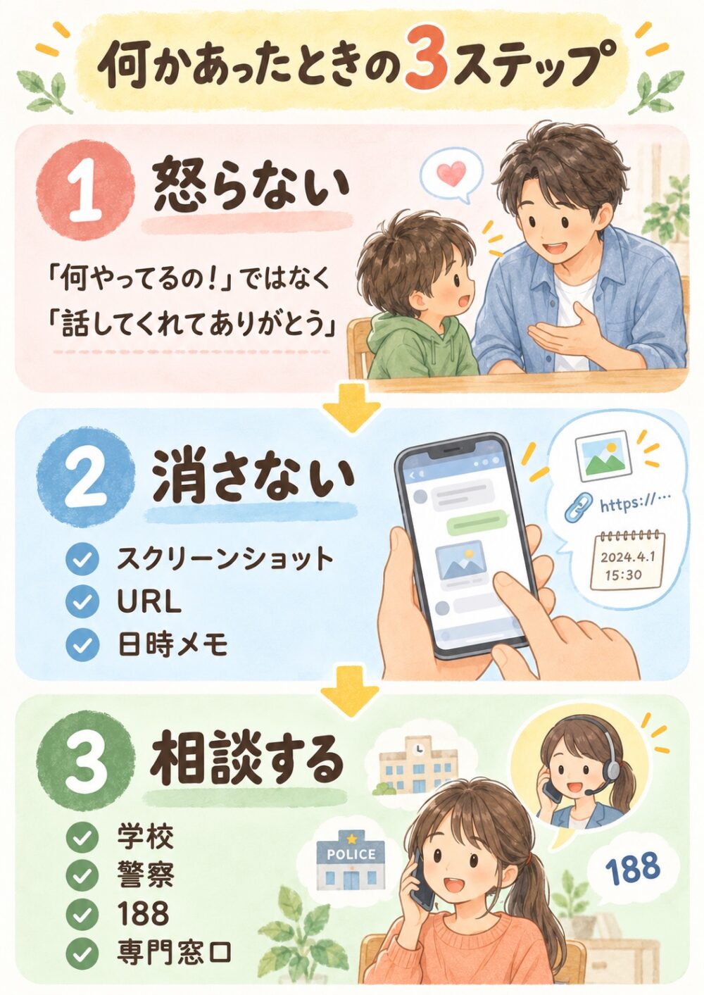 何かあったときの3ステップの図。1つ目は怒らないこと(「何やってるの!」ではなく「話してくれてありがとう」)。2つ目は消さないこと(スクリーンショット、URL、日時メモ)。3つ目は相談すること(学校、警察、188、専門窓口)