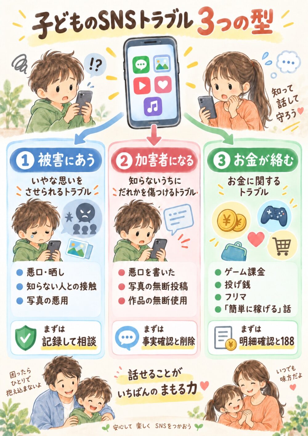 子どものSNSトラブルを3つに整理した図。①被害にあう(悪口・晒し、知らない人との接触、写真の悪用)はまず記録して相談。②加害者になる(悪口を書いた、写真の無断投稿、作品の無断使用)はまず事実確認と削除。③お金が絡む(ゲーム課金、投げ銭、フリマ、「簡単に稼げる」話)はまず明細確認と188