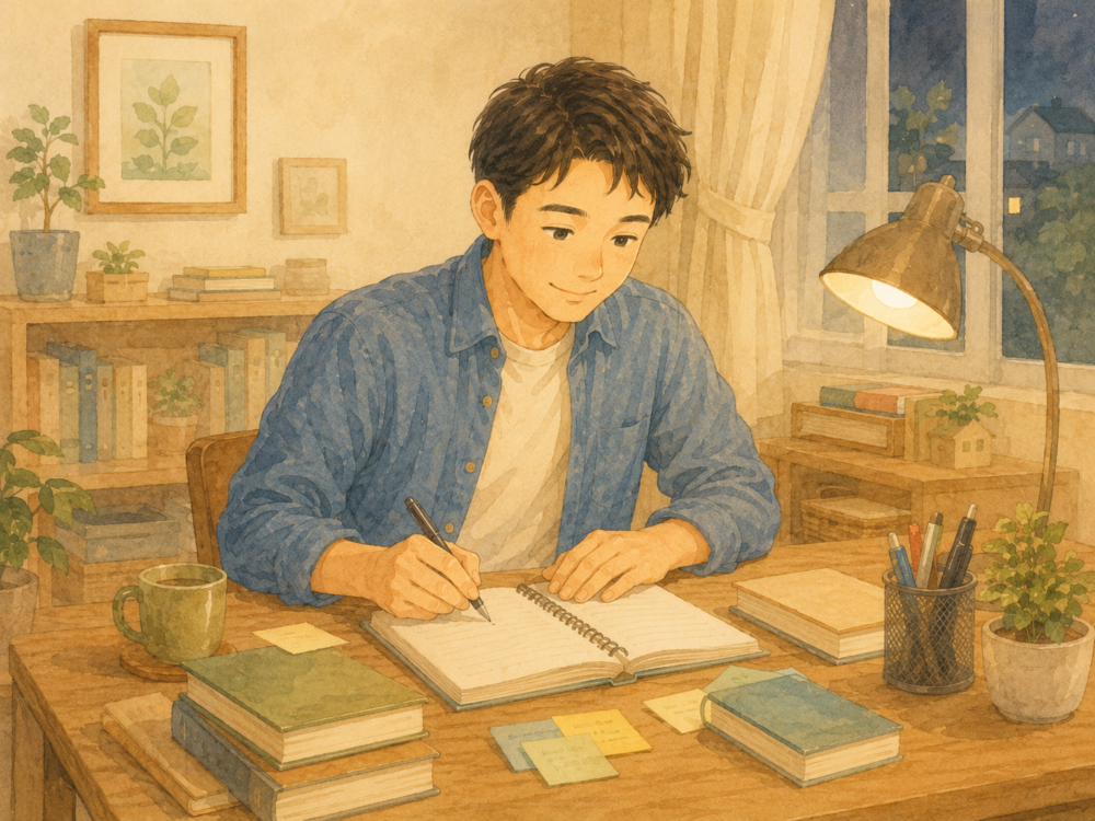 夜、机に向かって資格の勉強をする男性のイラスト