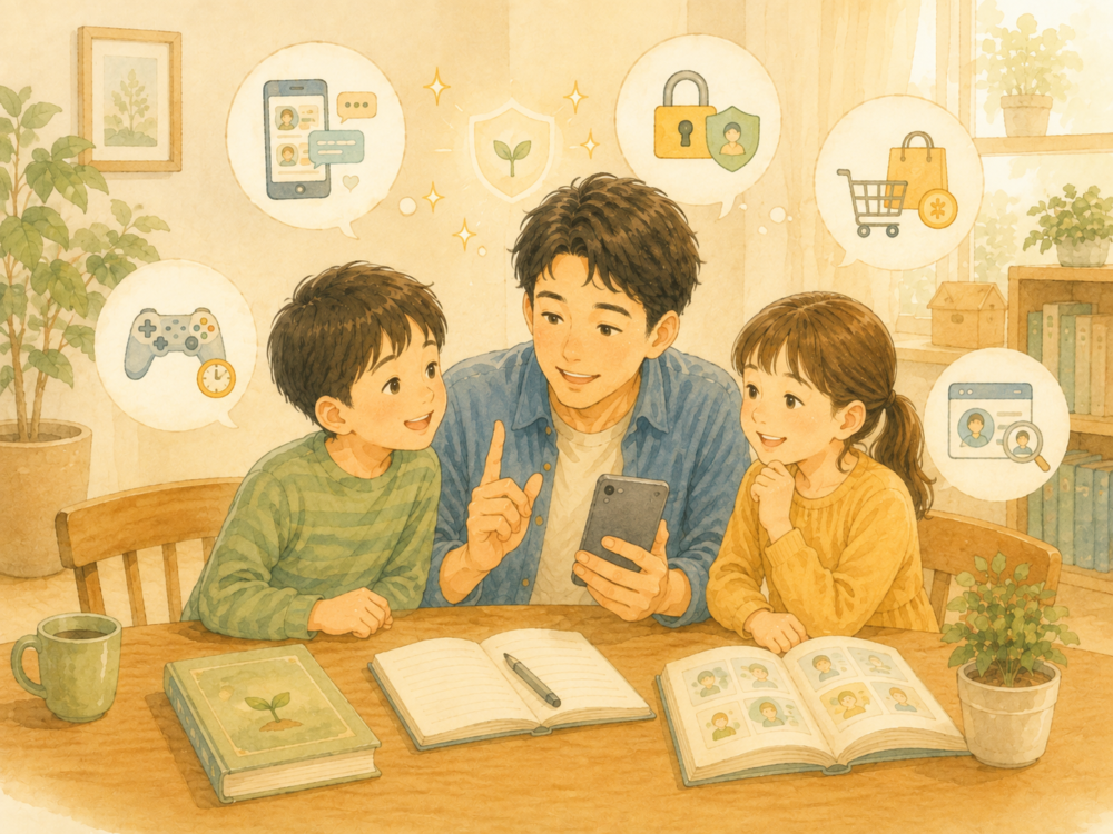 タブレットを囲んで一緒に学ぶ4人家族のイラスト